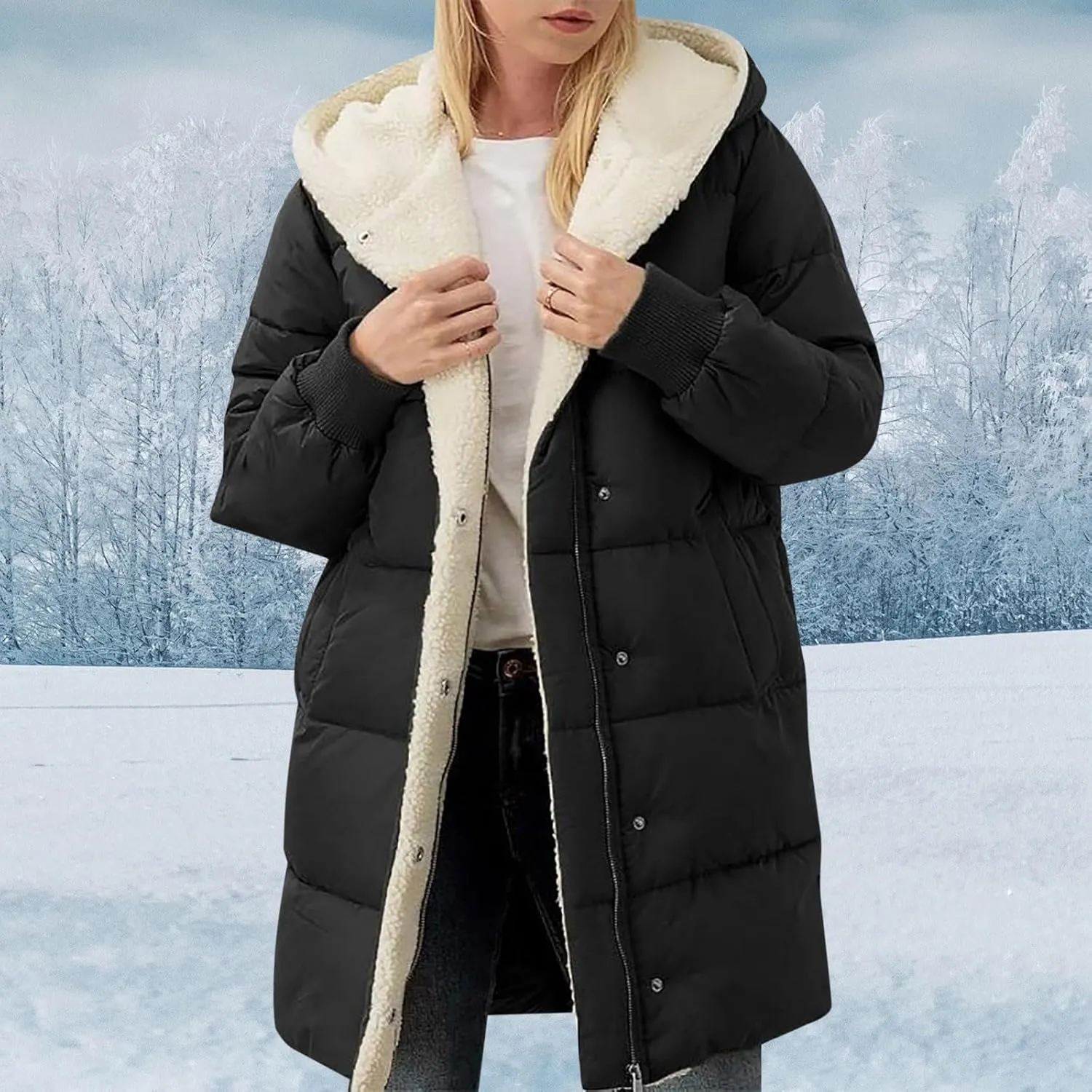 2024 Elegant Temperament Quilted Puffer Coat for Womens Long Sleeve Zip Hooded Outwear Warm Soft Overcoat with Pockets