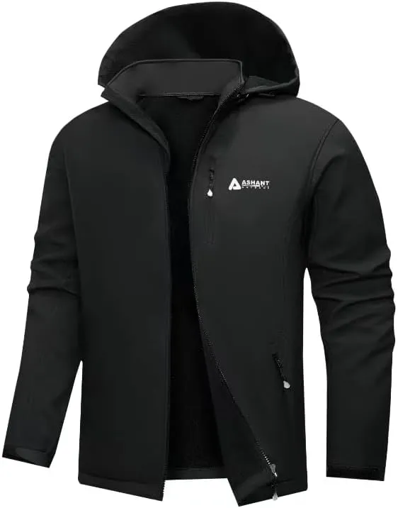 A ASHANT OUTDOOR Men's Softshell Jacket,Fleece Hooded Waterproof Jacket Windbreaker for Hiking Travel(M)
