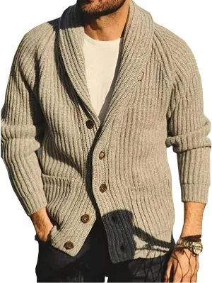 Akivide Mens Western Aztec Shawl Collar Cardigan Sweater Button Down Cable Knitted Chunky Ribbed Sweater Cardigans