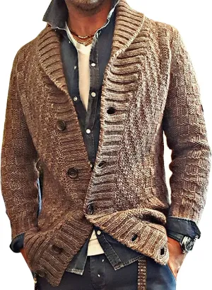 Akivide Mens Western Aztec Shawl Collar Cardigan Sweater Button Down Cable Knitted Chunky Ribbed Sweater Cardigans