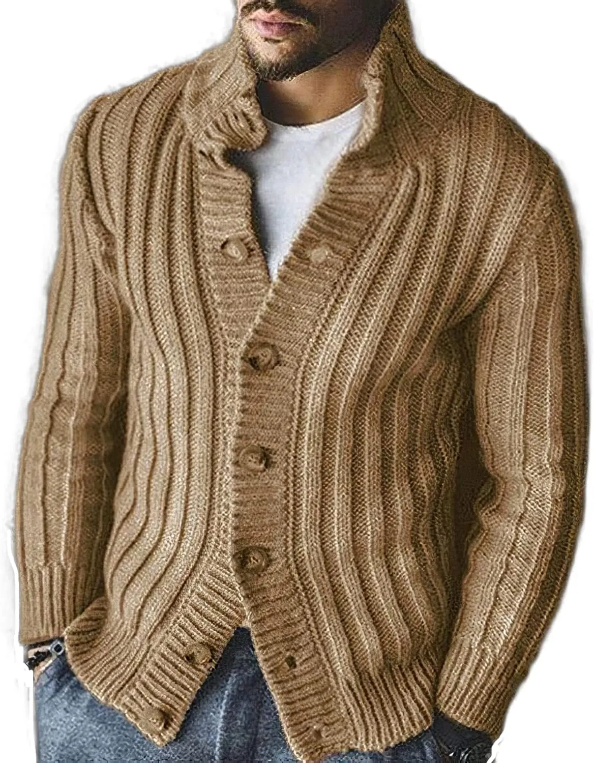 Akivide Mens Western Aztec Shawl Collar Cardigan Sweater Button Down Cable Knitted Chunky Ribbed Sweater Cardigans