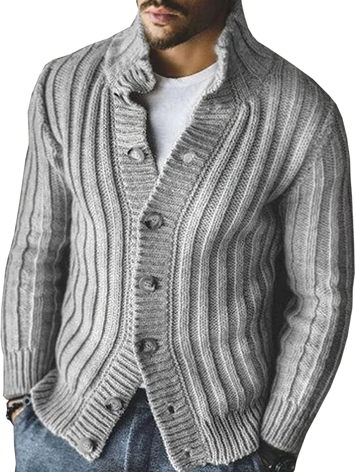 Akivide Mens Western Aztec Shawl Collar Cardigan Sweater Button Down Cable Knitted Chunky Ribbed Sweater Cardigans