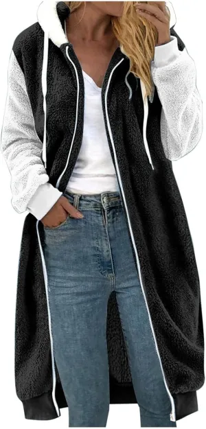 Best Deals Today Women's 2023 Winter Coats Fuzzy Fleece Outerwear Oversized Full Zip Up Jackets Warm Thick Long Jacket Hooded Overcoat
