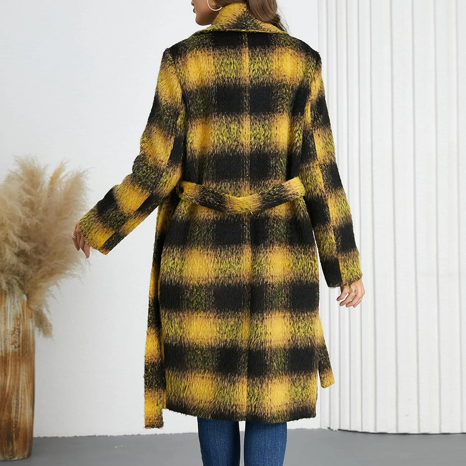 Borniu Women's Winter Oversize Lapel Collar Wool Blend Plaid Double Breasted Long Peacoat Jacket with Belt