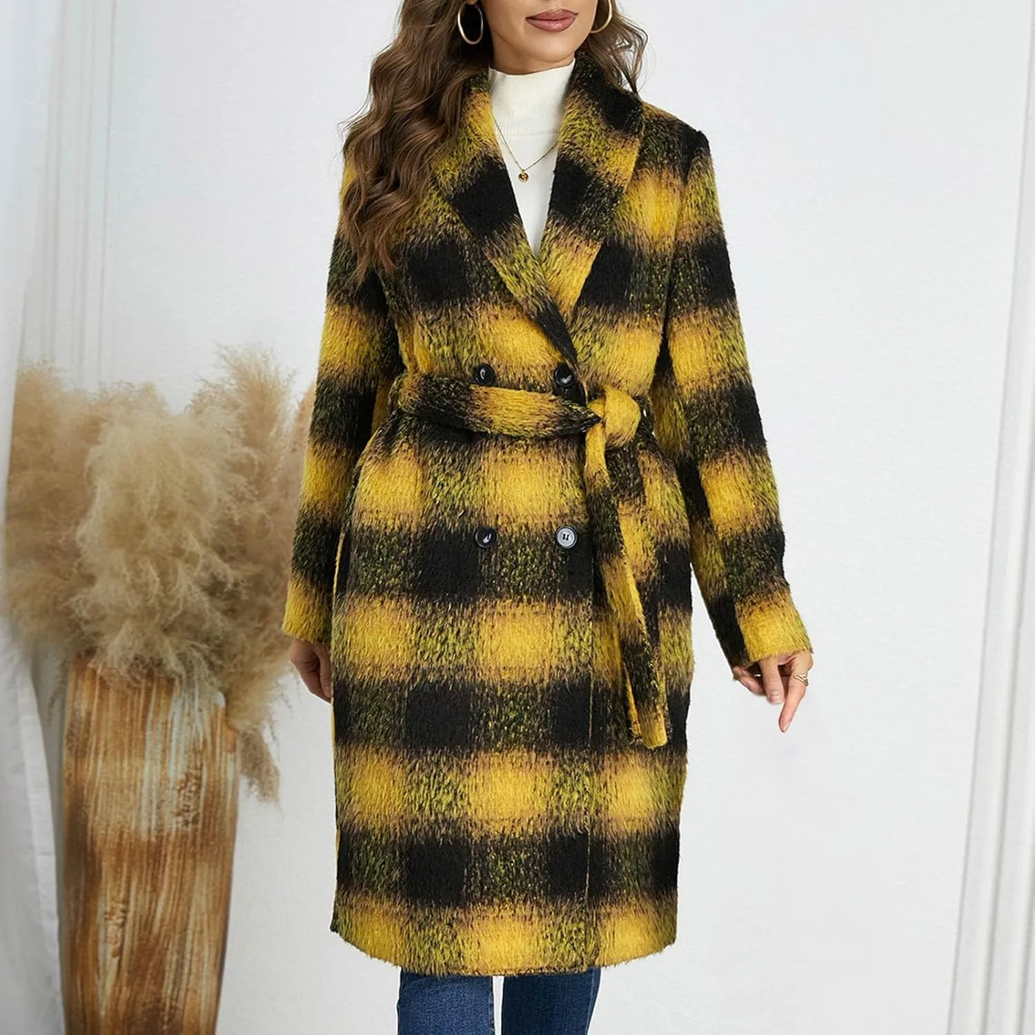 Borniu Women's Winter Oversize Lapel Collar Wool Blend Plaid Double Breasted Long Peacoat Jacket with Belt