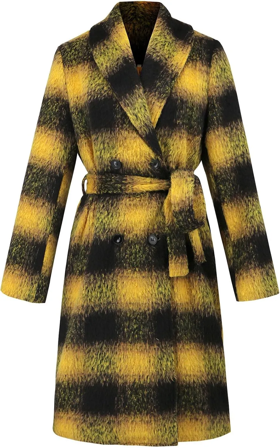 Borniu Women's Winter Oversize Lapel Collar Wool Blend Plaid Double Breasted Long Peacoat Jacket with Belt