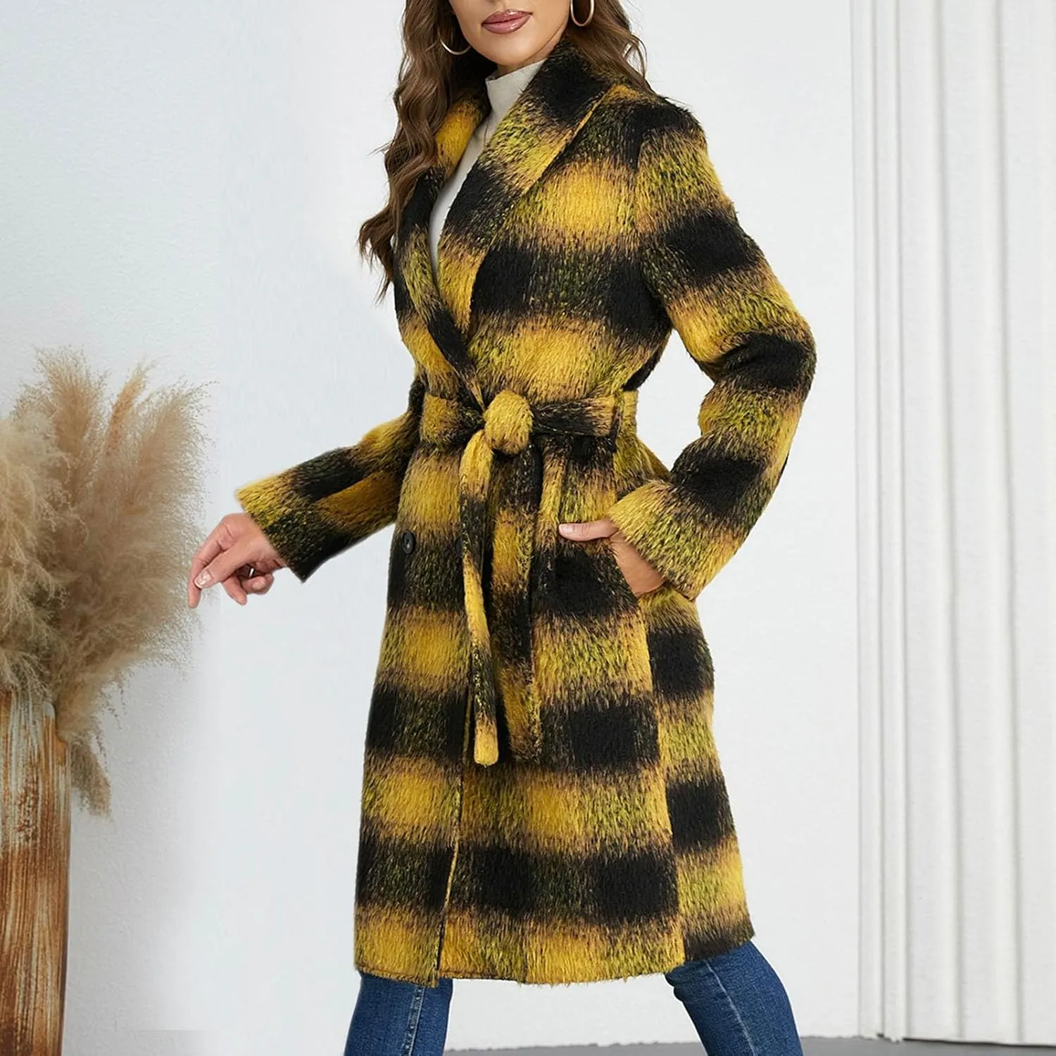 Borniu Women's Winter Oversize Lapel Collar Wool Blend Plaid Double Breasted Long Peacoat Jacket with Belt