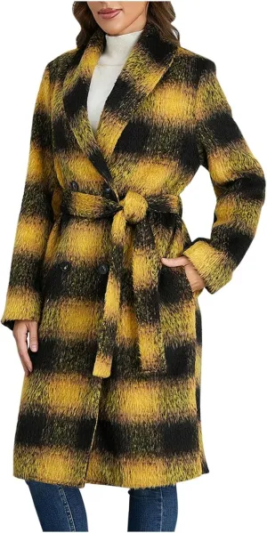 Borniu Women's Winter Oversize Lapel Collar Wool Blend Plaid Double Breasted Long Peacoat Jacket with Belt