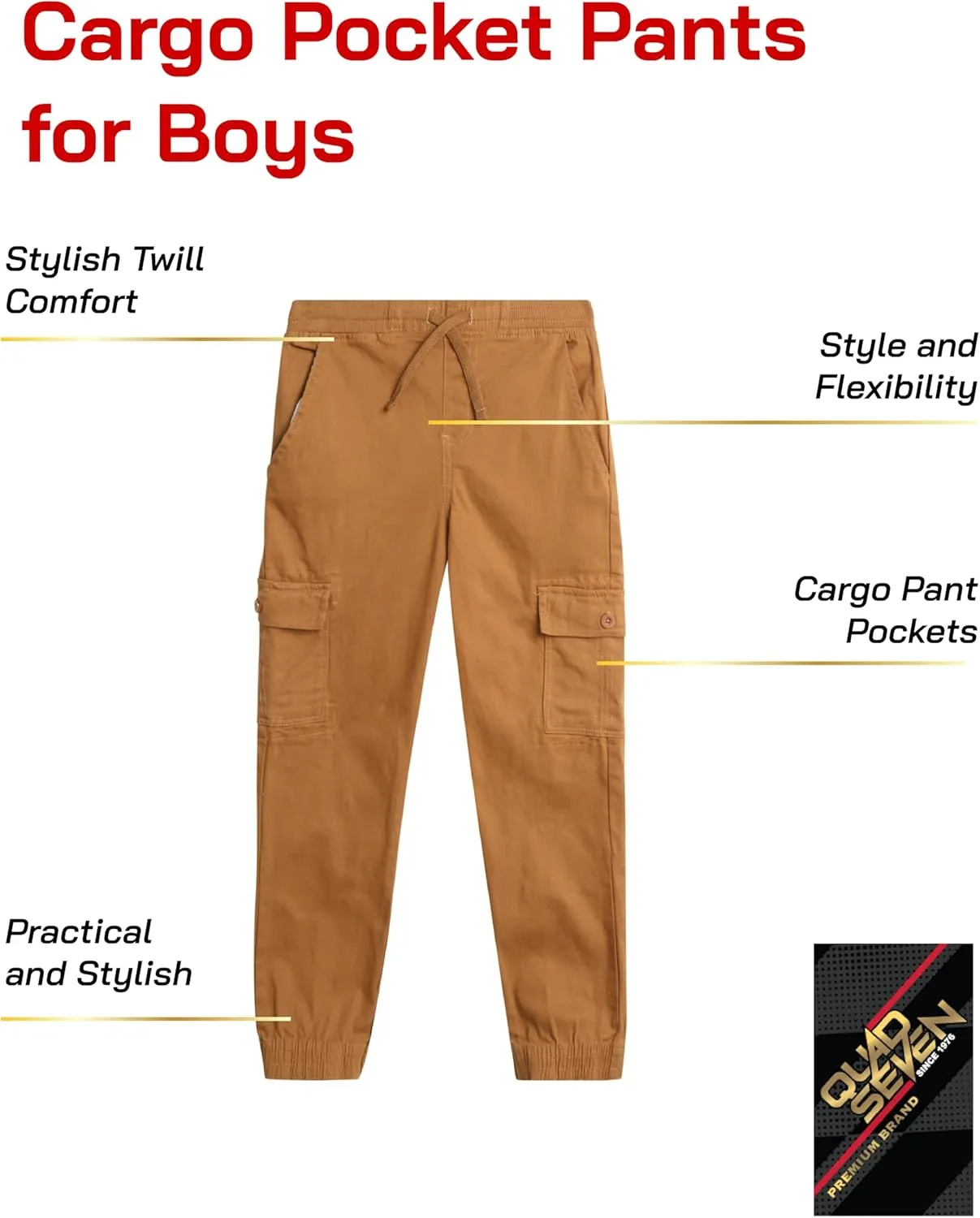 Boys' Cargo Pants - Casual Stretch Twill Jogger Pants - Cargo Pocket Pants for Boys (8-16)