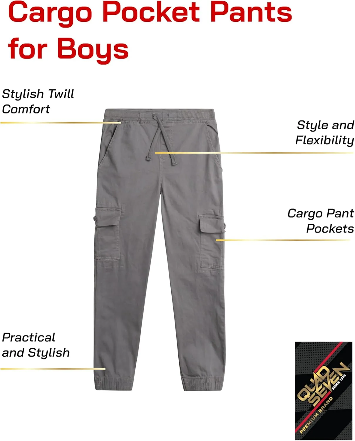 Boys' Cargo Pants - Casual Stretch Twill Jogger Pants - Cargo Pocket Pants for Boys (8-16)