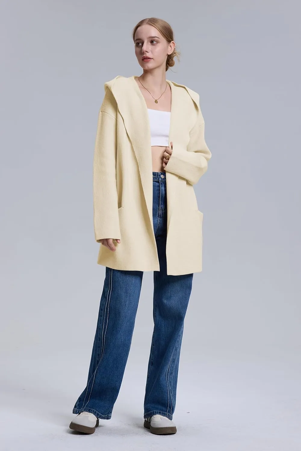 Cakulo Womens Long Hooded Cardigan Sweaters 2024 Oversized Cardigans Open Front Fall Knit Sweater Coat with Pockets