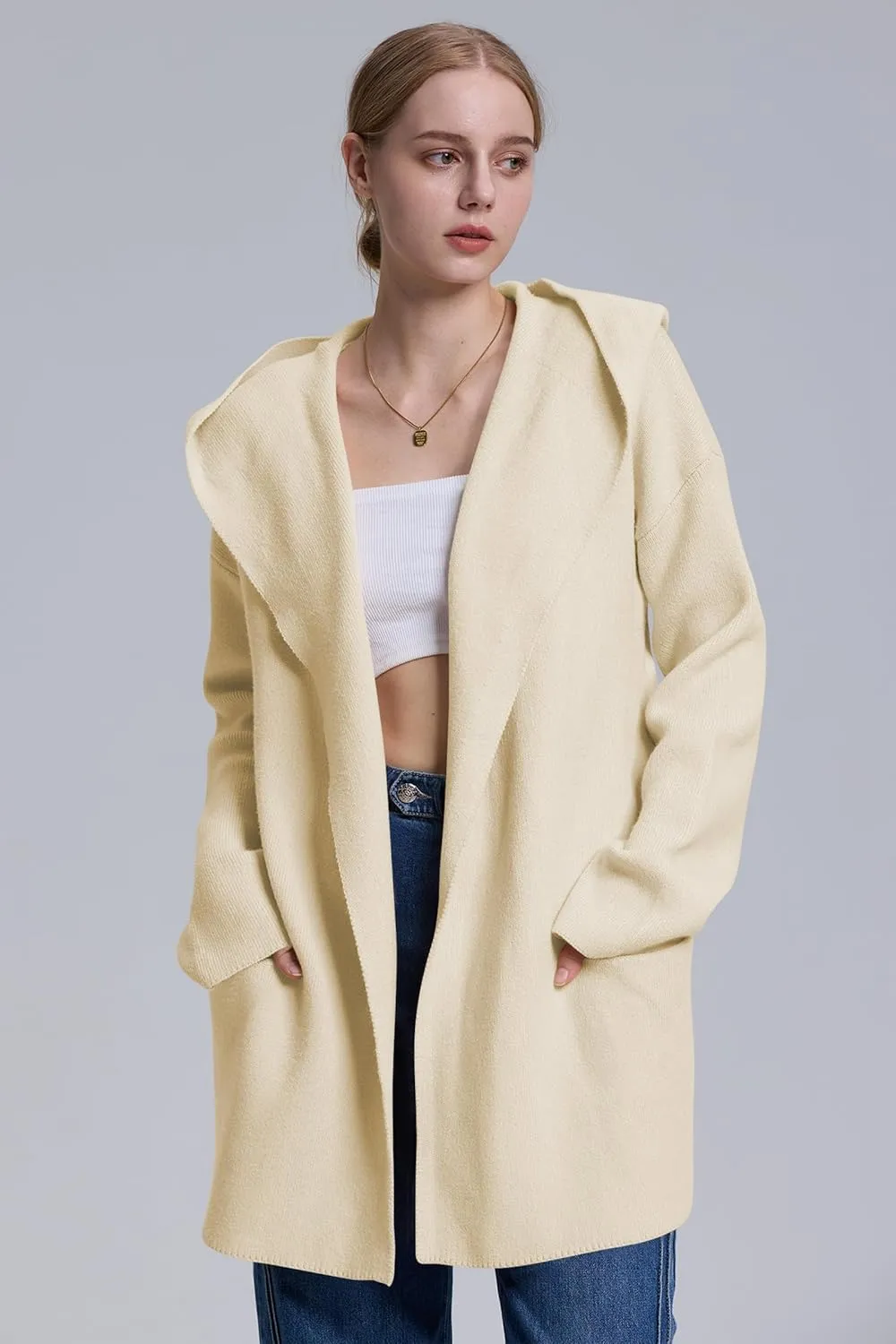 Cakulo Womens Long Hooded Cardigan Sweaters 2024 Oversized Cardigans Open Front Fall Knit Sweater Coat with Pockets