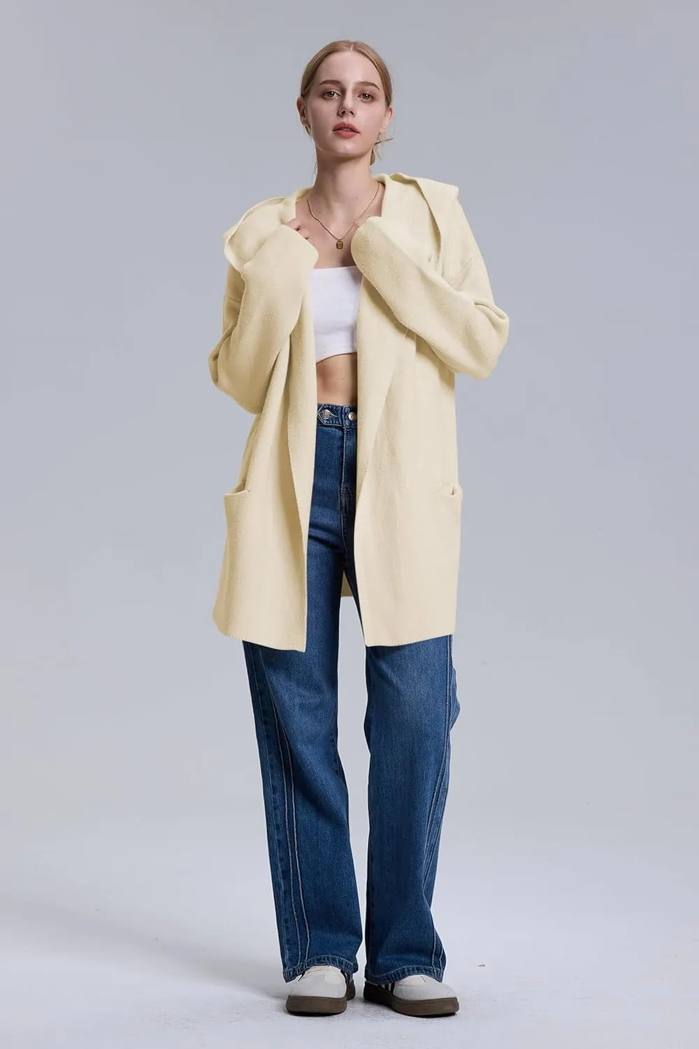Cakulo Womens Long Hooded Cardigan Sweaters 2024 Oversized Cardigans Open Front Fall Knit Sweater Coat with Pockets