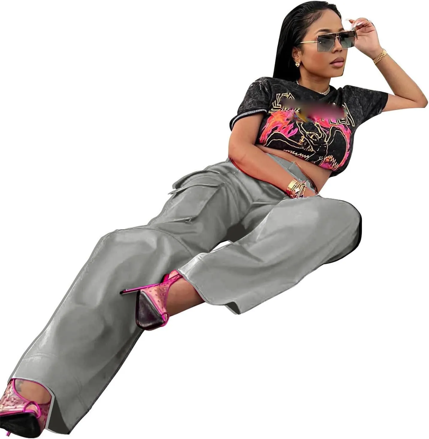 CALEBGAR Womens Cargo Pants Casual High Wasited Wide Leg Parachute Pants with Pockets