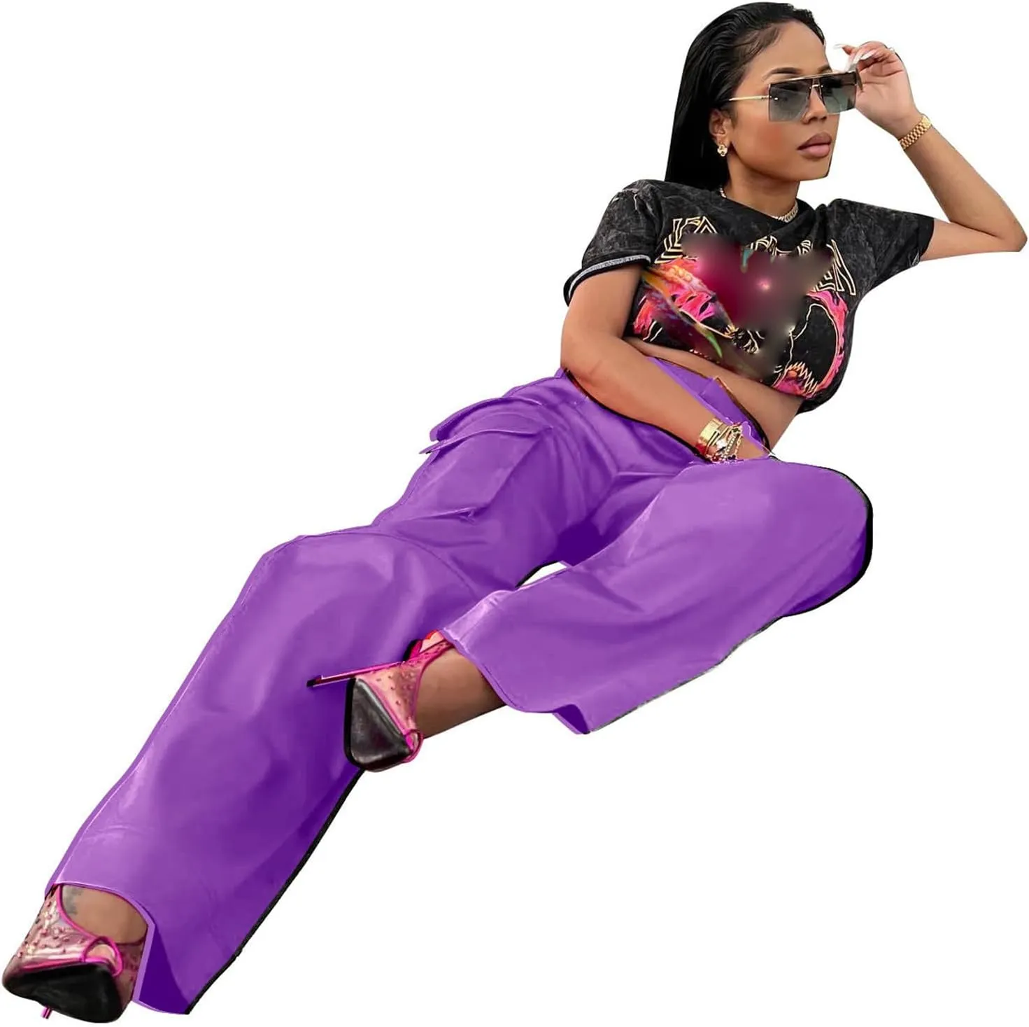 CALEBGAR Womens Cargo Pants Casual High Wasited Wide Leg Parachute Pants with Pockets