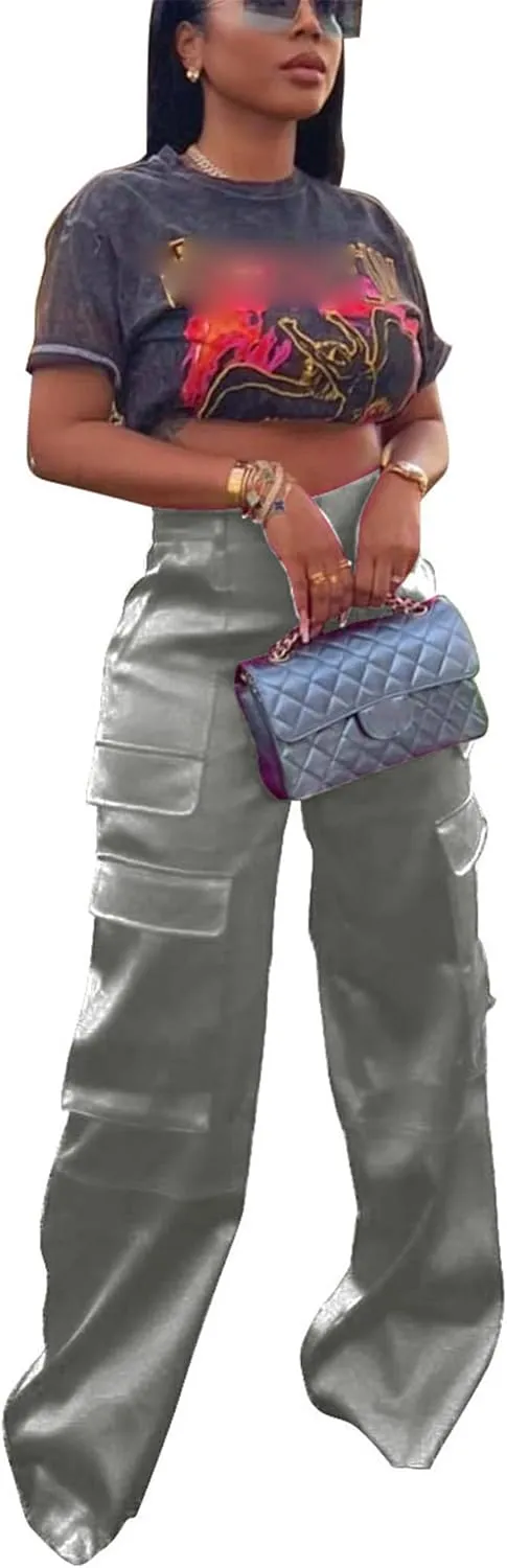 CALEBGAR Womens Cargo Pants Casual High Wasited Wide Leg Parachute Pants with Pockets