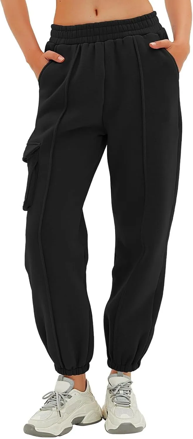 Cargo Joggers for Women Casual Baggy Elastic High Waisted Cropped Sweatpants Trendy Fleece Lined Pants with Pockets