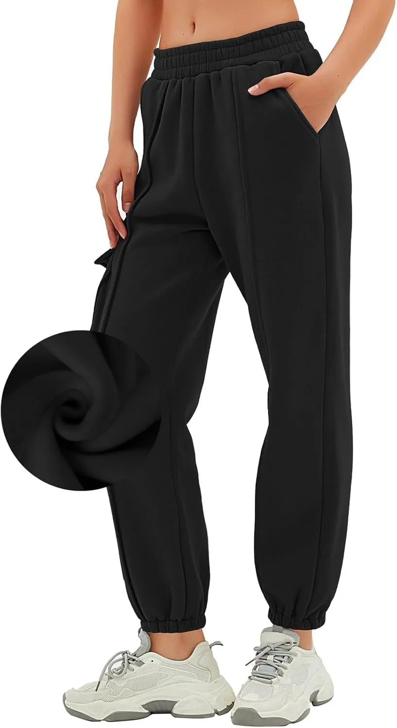 Cargo Joggers for Women Casual Baggy Elastic High Waisted Cropped Sweatpants Trendy Fleece Lined Pants with Pockets