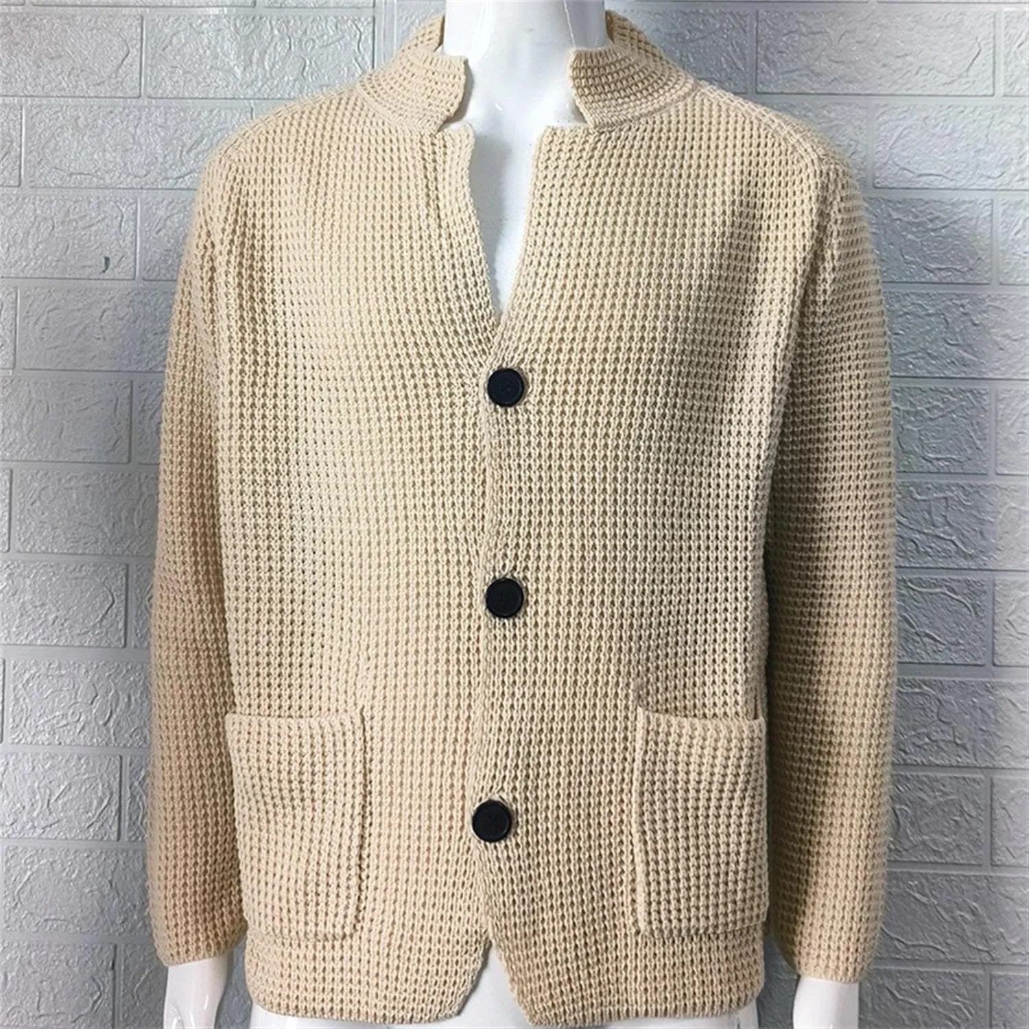 Casual Cardigan Sweater for Men Stand Collar Slim Fit Button Down Sweaters Long Sleeve Ribbed Knitted Cardigans
