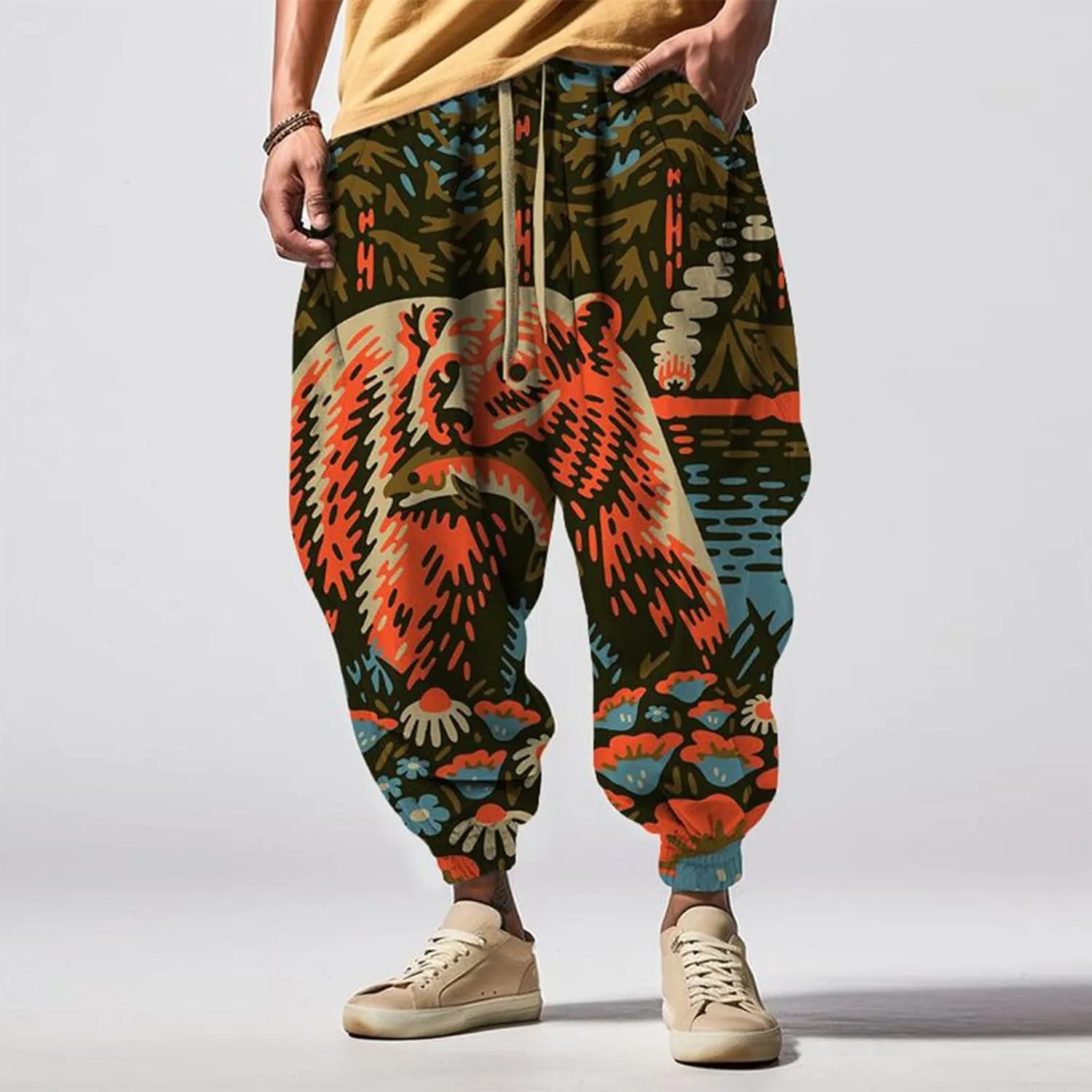 Casual Elastic Waist Trouser Hippie Yoga Pants Men's Autumn Fun Print Fashion Street Feel Cotton Drawstring Cargo