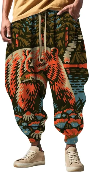 Casual Elastic Waist Trouser Hippie Yoga Pants Men's Autumn Fun Print Fashion Street Feel Cotton Drawstring Cargo