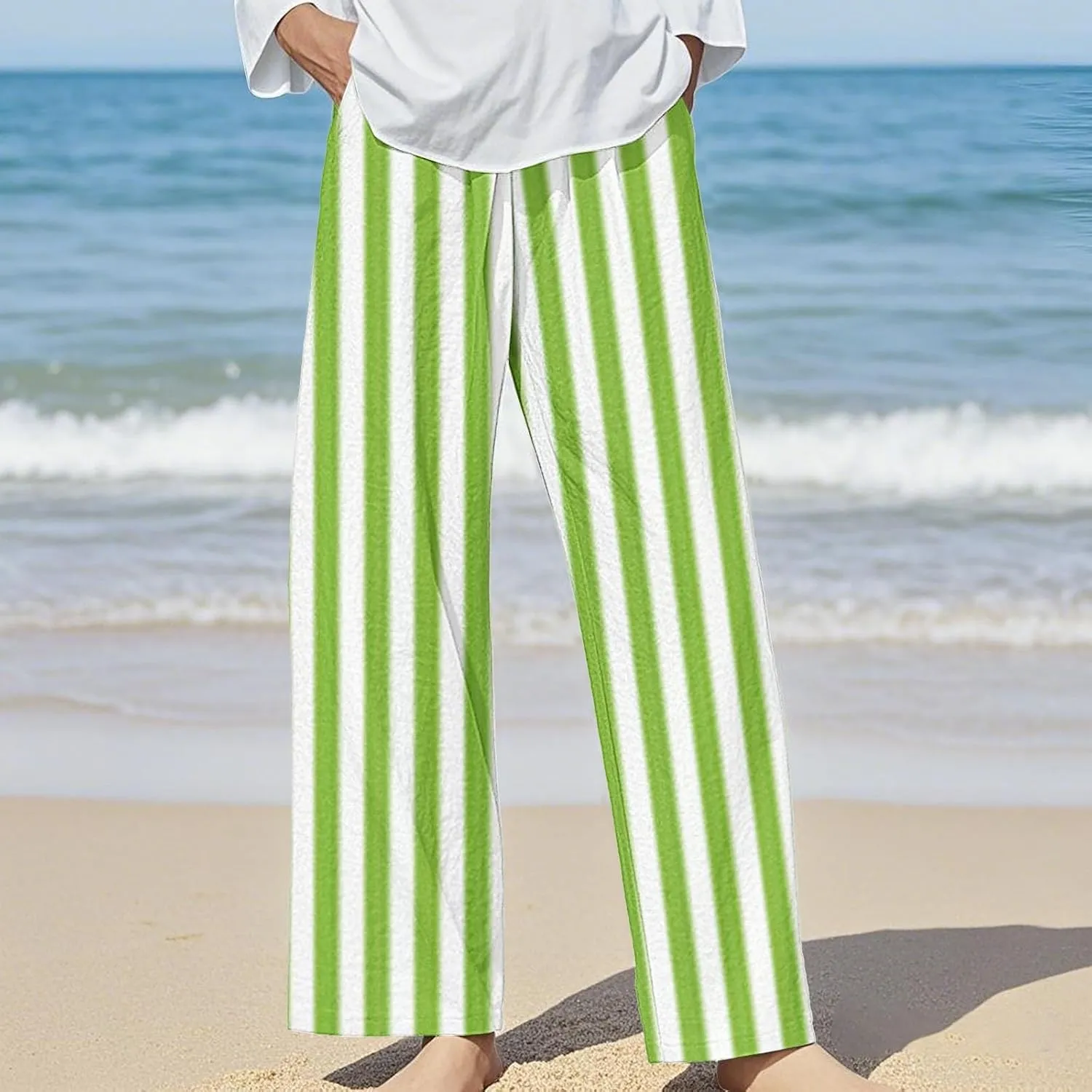 Casual Pants for Women Fashion Stripe Printed Elastic Waist Straight Leg Trousers 2025 Summer Loose Fit Hiking Pants