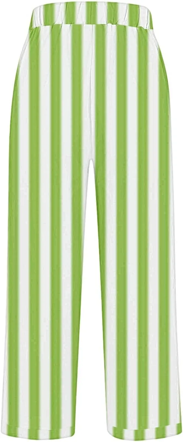 Casual Pants for Women Fashion Stripe Printed Elastic Waist Straight Leg Trousers 2025 Summer Loose Fit Hiking Pants