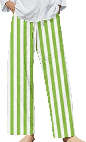 Casual Pants for Women Fashion Stripe Printed Elastic Waist Straight Leg Trousers 2025 Summer Loose Fit Hiking Pants