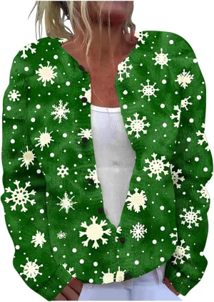 Christmas Plus Size Sweater for Women 2024 Cute Xmas Printed Cardigans Sweater Open Front Button Down Knit Jacket Coat