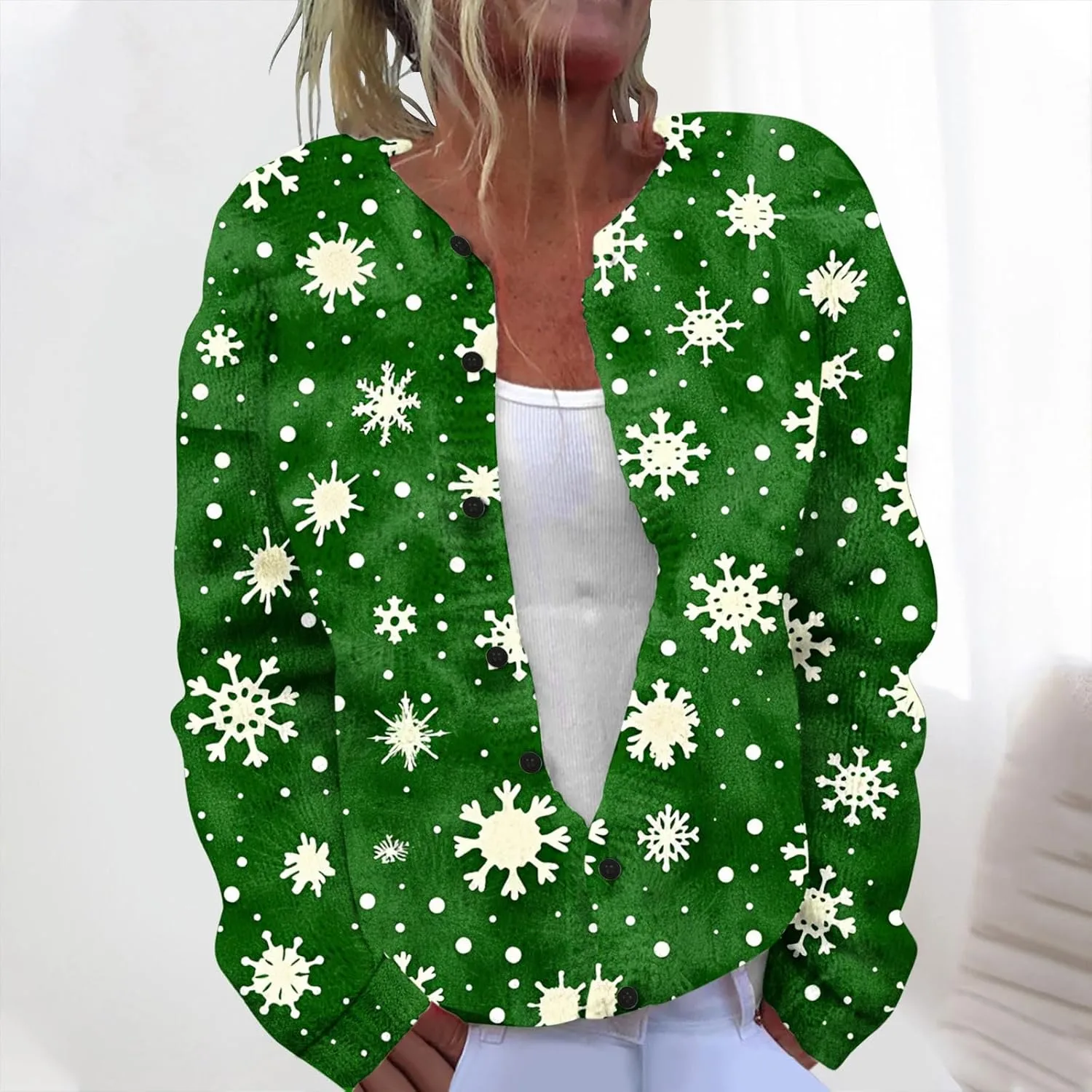 Christmas Plus Size Sweater for Women 2024 Cute Xmas Printed Cardigans Sweater Open Front Button Down Knit Jacket Coat