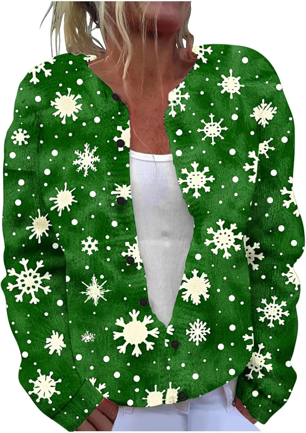 Christmas Plus Size Sweater for Women 2024 Cute Xmas Printed Cardigans Sweater Open Front Button Down Knit Jacket Coat