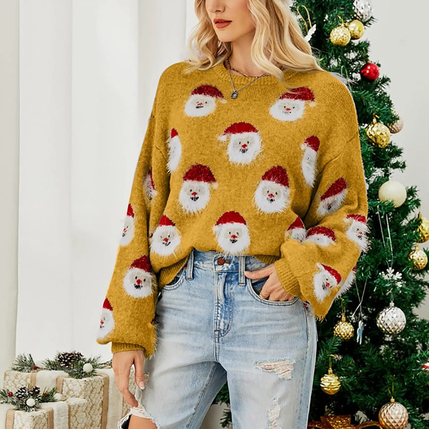 Christmas Sweater for Women 2023 Santa Claus Cute Pattern Jacquard Knit Sweatshirts Long Sleeve Pullover Tops
