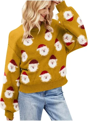 Christmas Sweater for Women 2023 Santa Claus Cute Pattern Jacquard Knit Sweatshirts Long Sleeve Pullover Tops