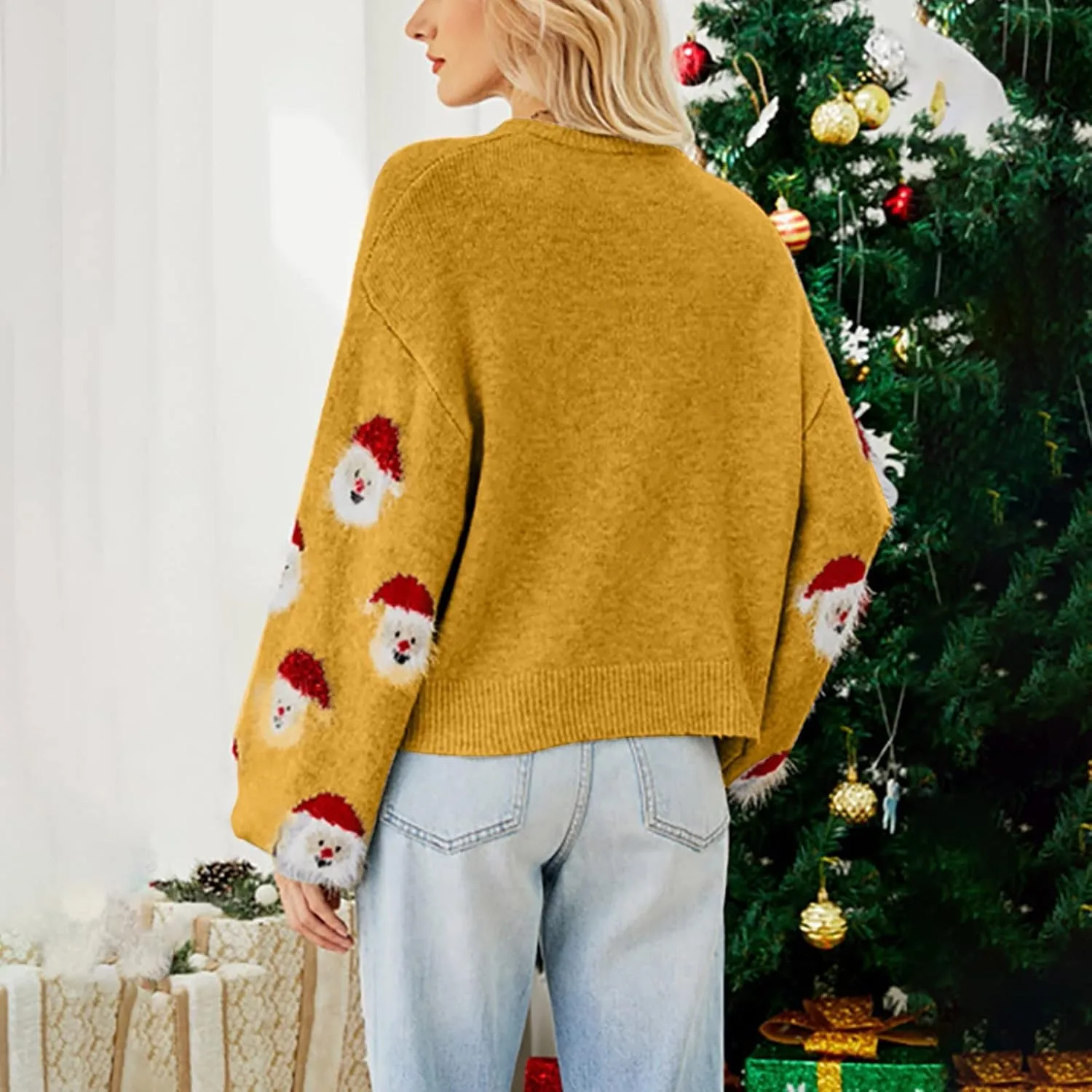 Christmas Sweater for Women 2023 Santa Claus Cute Pattern Jacquard Knit Sweatshirts Long Sleeve Pullover Tops