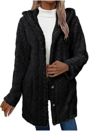 Chunky Knitted Hooded Cardigan Coats for Women Open Front Buttons Oversized Tunic Sweaters Thickened Warm Outerwear