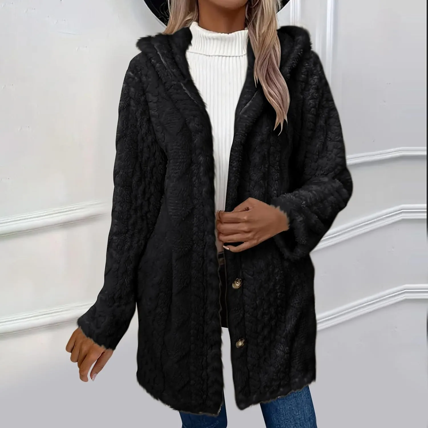 Chunky Knitted Hooded Cardigan Coats for Women Open Front Buttons Oversized Tunic Sweaters Thickened Warm Outerwear