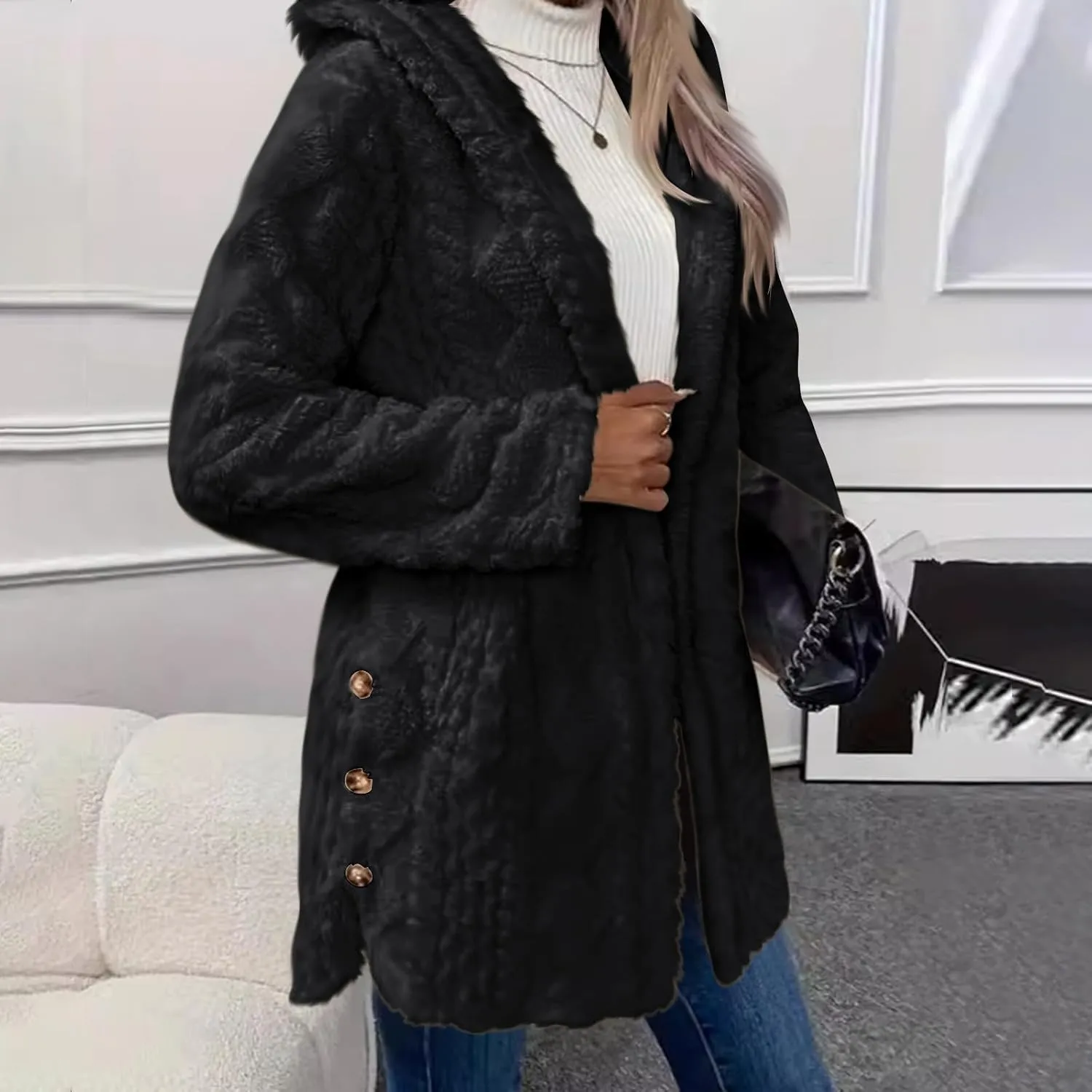 Chunky Knitted Hooded Cardigan Coats for Women Open Front Buttons Oversized Tunic Sweaters Thickened Warm Outerwear