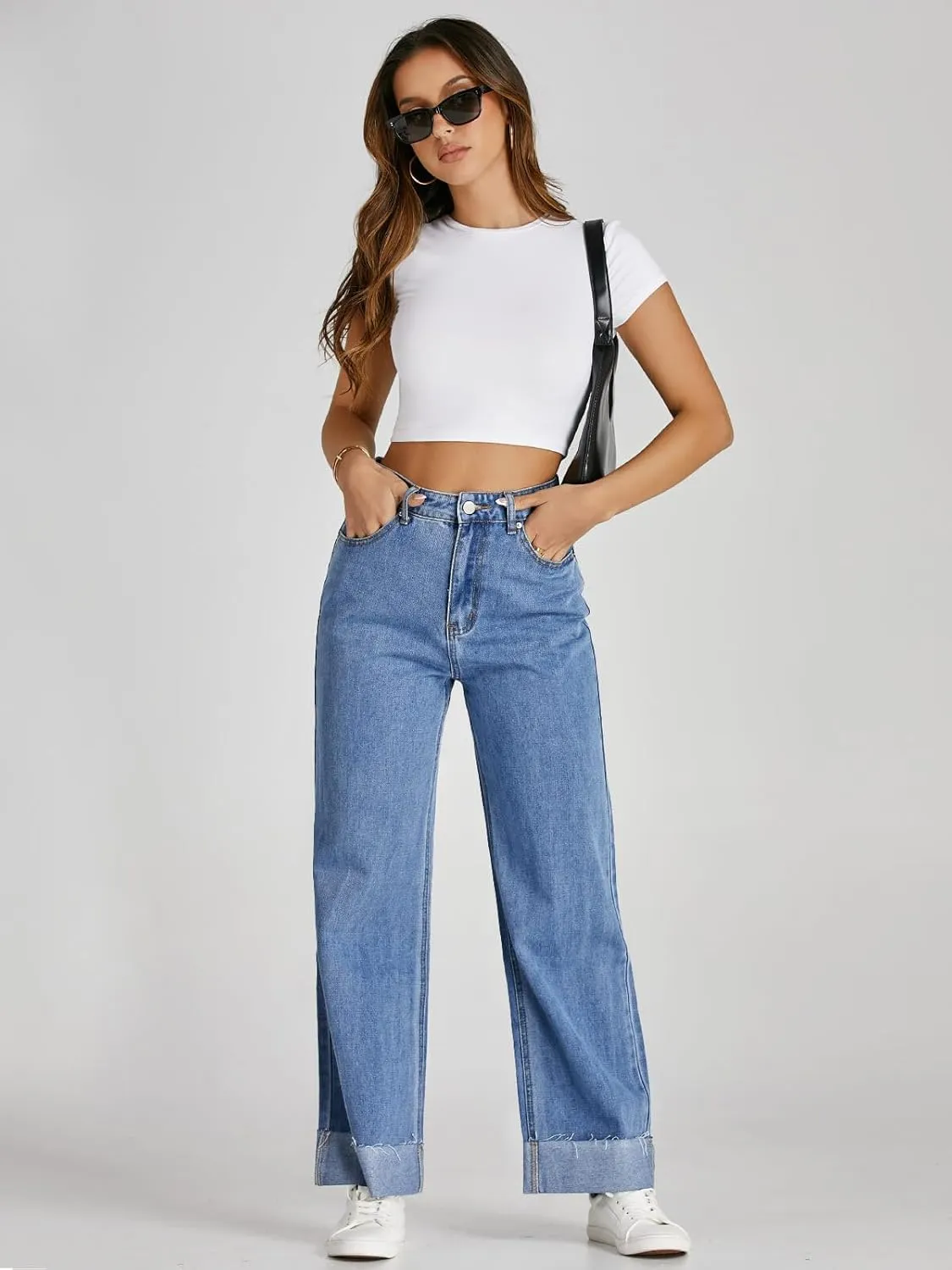 Cicy Bell Womens High Waisted Boyfriend Jeans Cuffed Raw Straight Leg Baggy Denim Pants with Pockets