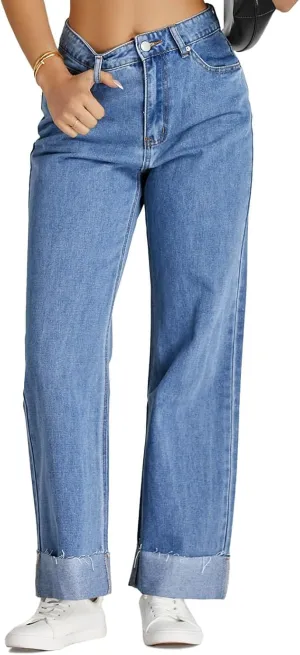 Cicy Bell Womens High Waisted Boyfriend Jeans Cuffed Raw Straight Leg Baggy Denim Pants with Pockets