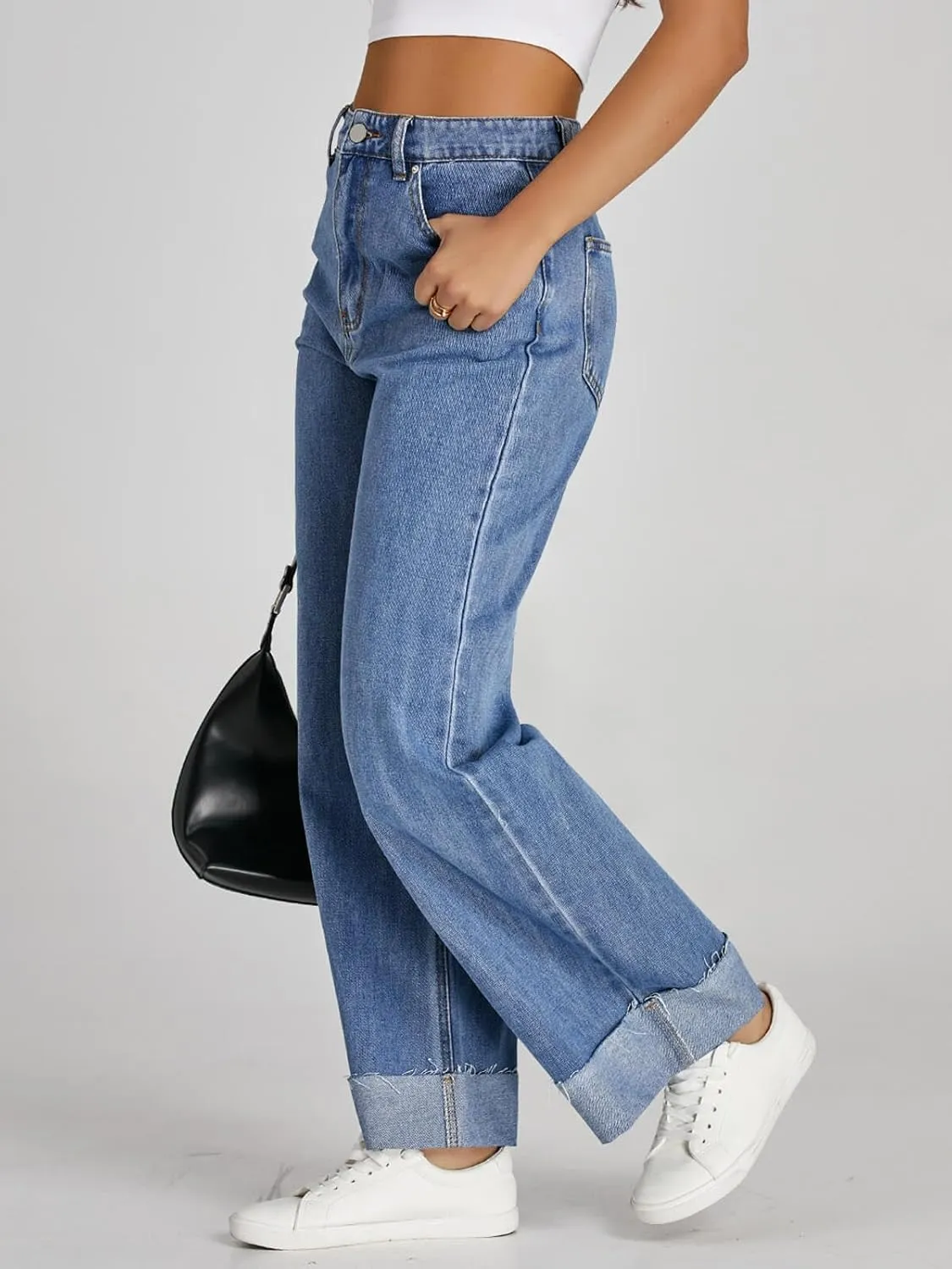 Cicy Bell Womens High Waisted Boyfriend Jeans Cuffed Raw Straight Leg Baggy Denim Pants with Pockets