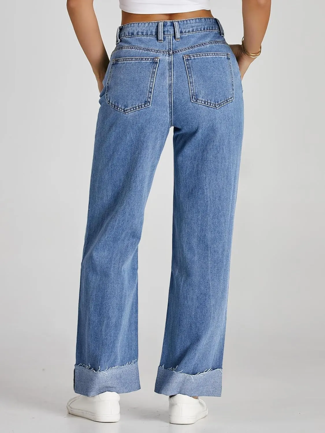 Cicy Bell Womens High Waisted Boyfriend Jeans Cuffed Raw Straight Leg Baggy Denim Pants with Pockets
