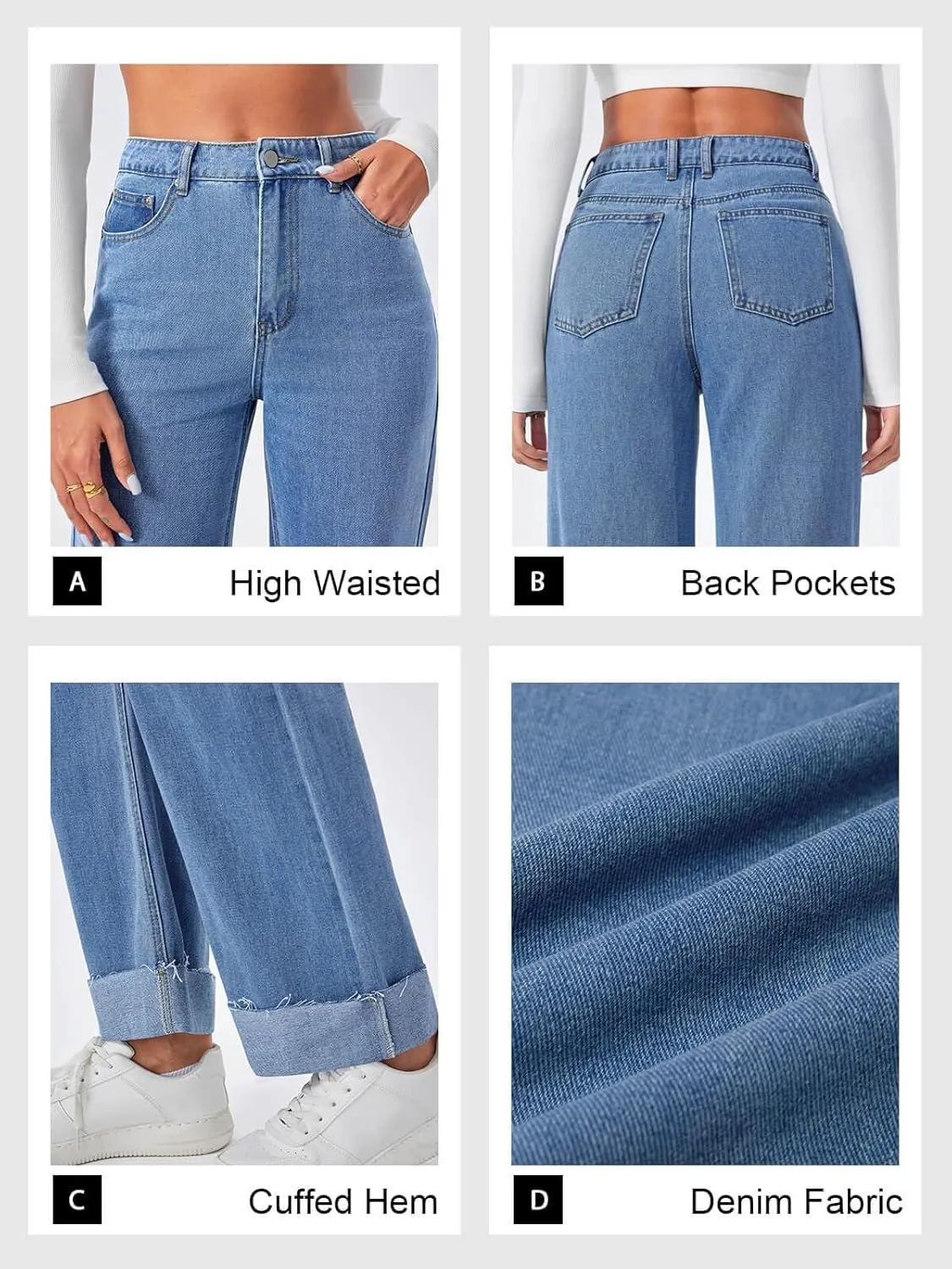 Cicy Bell Womens High Waisted Boyfriend Jeans Cuffed Raw Straight Leg Baggy Denim Pants with Pockets