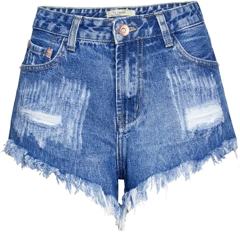 COMLIFE Women's Denim Shorts Worn Irregular Tassels Hem Sexy Studded Mid Waisted Jean Short Pants