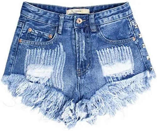 COMLIFE Women's Denim Shorts Worn Irregular Tassels Hem Sexy Studded Mid Waisted Jean Short Pants