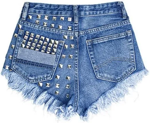 COMLIFE Women's Denim Shorts Worn Irregular Tassels Hem Sexy Studded Mid Waisted Jean Short Pants