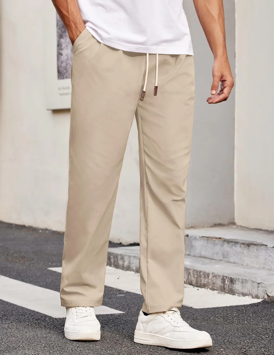 COOFANDY Men's Casual Chino Pants Relaxed Fit Drawstring Elastic Waist Lightweight Pant Twill Pleated Trousers