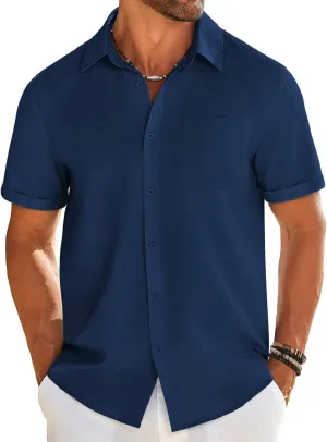 COOFANDY Mens Casual Linen Shirt Short Sleeve Button Down Shirt Summer Beach Shirts with Pocket