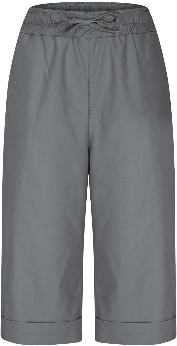 Cotton Linen Cuffed Hem Shorts for Women Summer Thin Knee Length Beach Shorts Casual Loose Fit Straight Leg Pants
