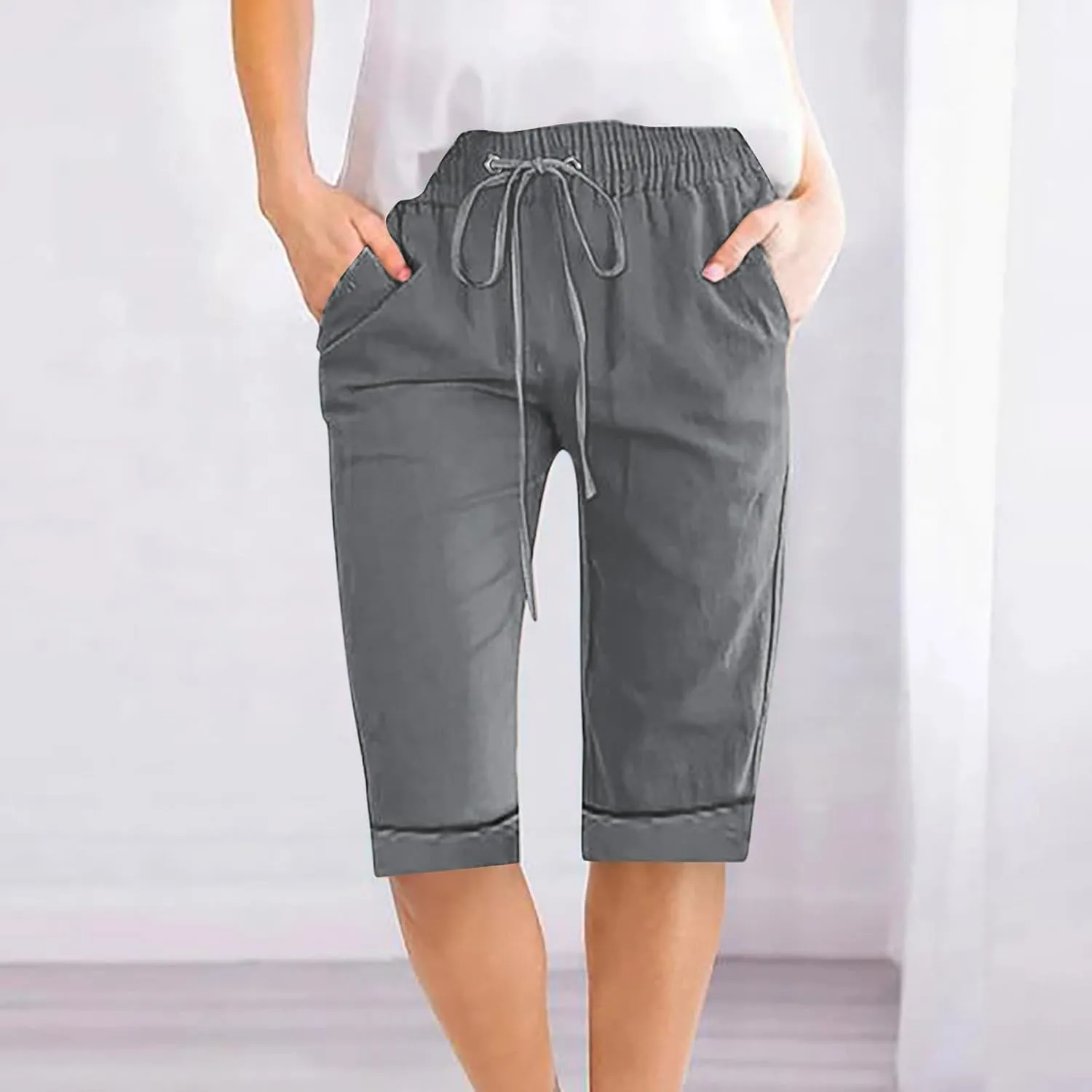 Cotton Linen Cuffed Hem Shorts for Women Summer Thin Knee Length Beach Shorts Casual Loose Fit Straight Leg Pants