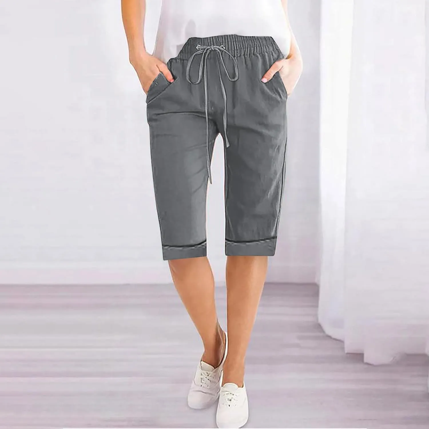 Cotton Linen Cuffed Hem Shorts for Women Summer Thin Knee Length Beach Shorts Casual Loose Fit Straight Leg Pants